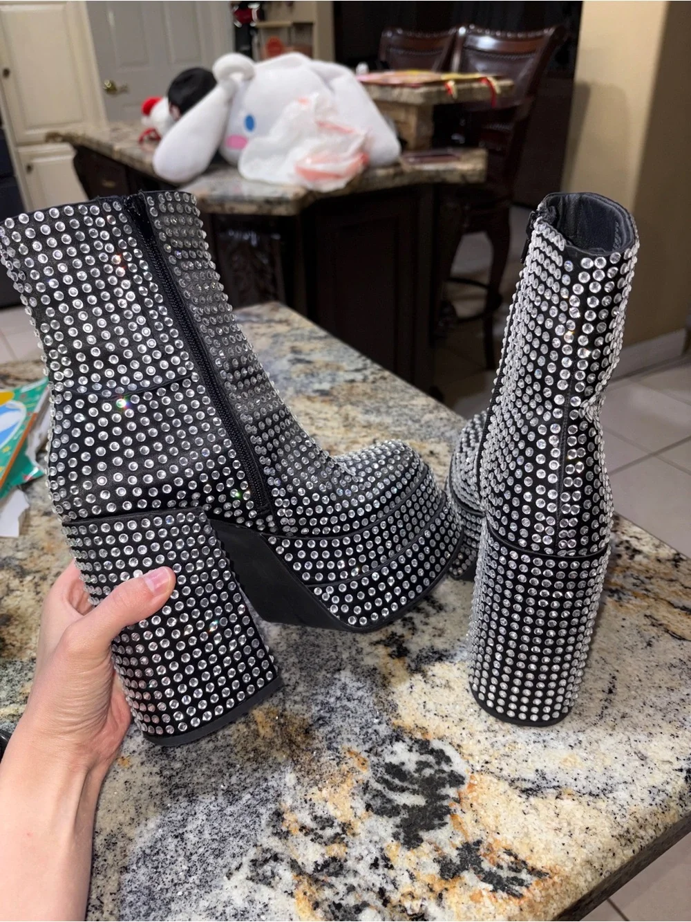 Black Crystal-Studded Platform Ankle Boots